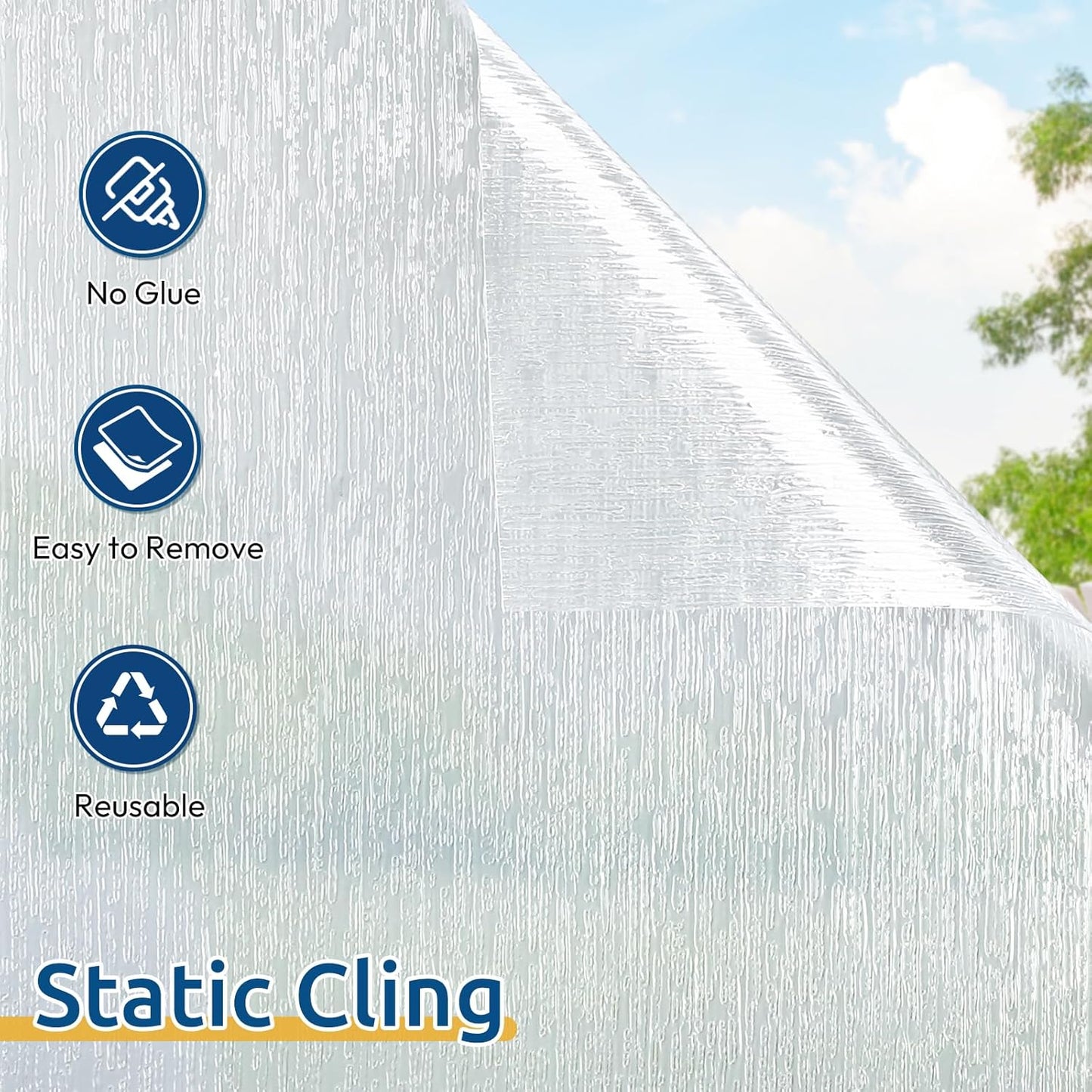 rabbitgoo Window Privacy Film Frosted Glass Clings, Decorative Sun UV Blocking Static Cling Window Covering, Removable Frosting Sticker for Home, Rain Silk, 17.5 x 157.4 Inches