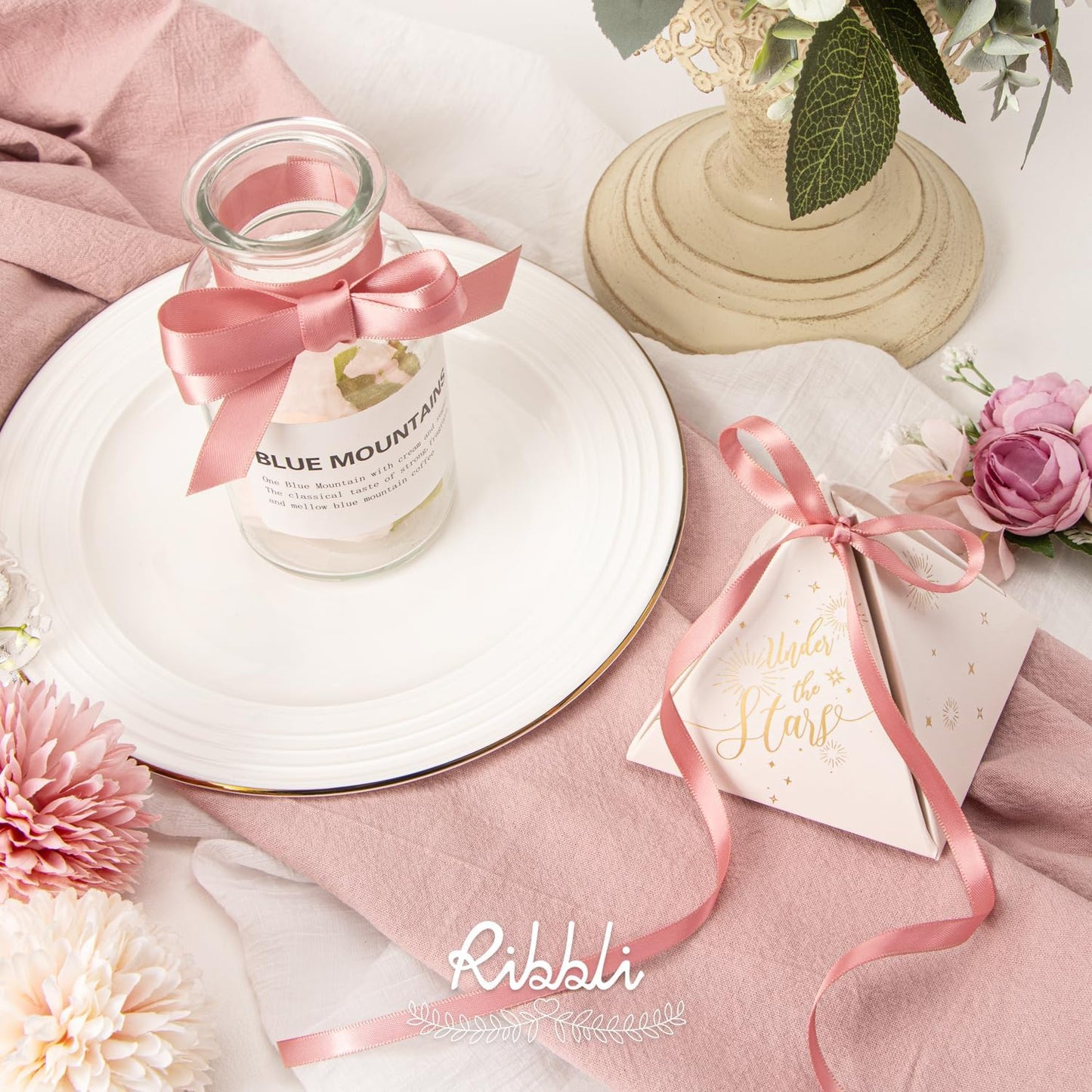 Ribbli Rose Gold Satin Ribbon,Double Faced Satin 1/4 inch x Continuous 50 Yards,Rose Gold Ribbon Use for Bows Bouquet,Gift Wrapping,Wedding Decoration,Floral Arrangement