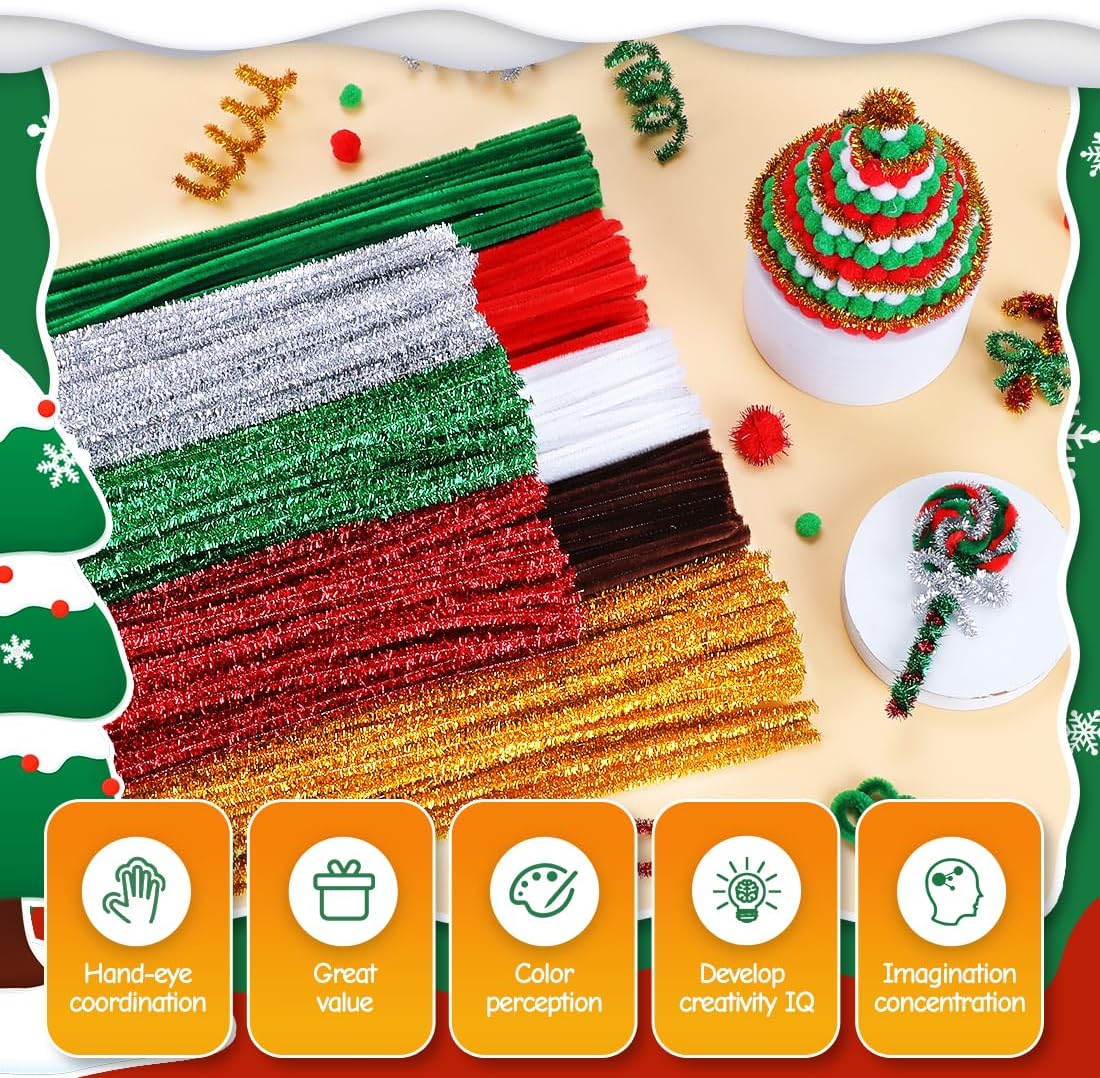 200pcs Christmas Pipe Cleaners – 8 Color Chenille Stems & Fuzzy Sticks for Crafts, Holiday DIY Decorations, Ornaments & Family Projects