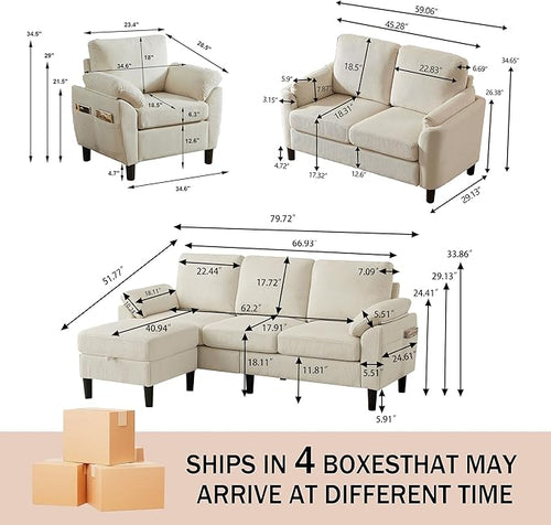 4 Piece Modern Corduroy Sofa Set, L-Shaped Sectional Couch - Image 2