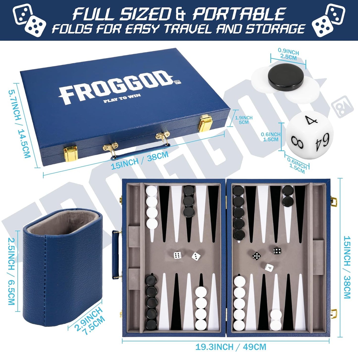 Froggod Travel Backgammon Sets for Adults – 15 Inch Premium Backgammon Set – PU Leather Case with Seamless Flocked Game Surface – Classic Board Games for 2 Player and Gift for Men(Dark Blue)