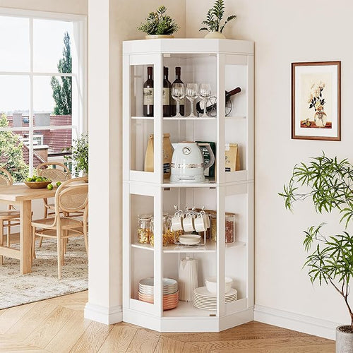 70''H Tall Corner Cabinet with Glass Doors, Farmhouse Storage Cabinet with 4 by ukaocai