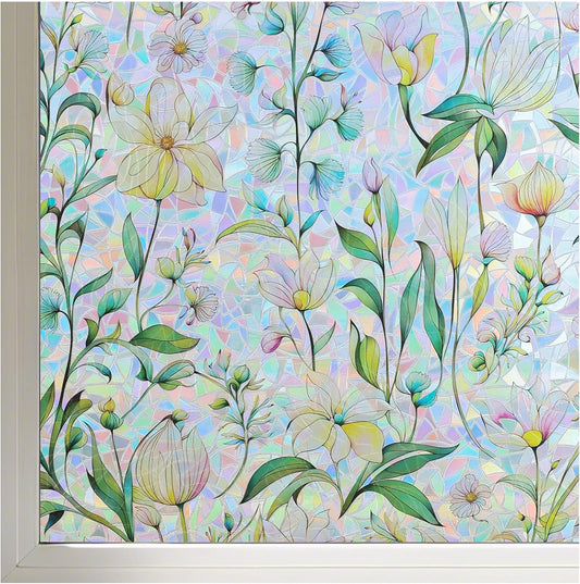 FINNEZ Window Privacy Film Stain Glass Film Flowers Rainbow Window Film Window Clings Non-Adhesive Reusable Decorative for Home（Forest Rainbow，45.2 Inch x 6.5 Feet）