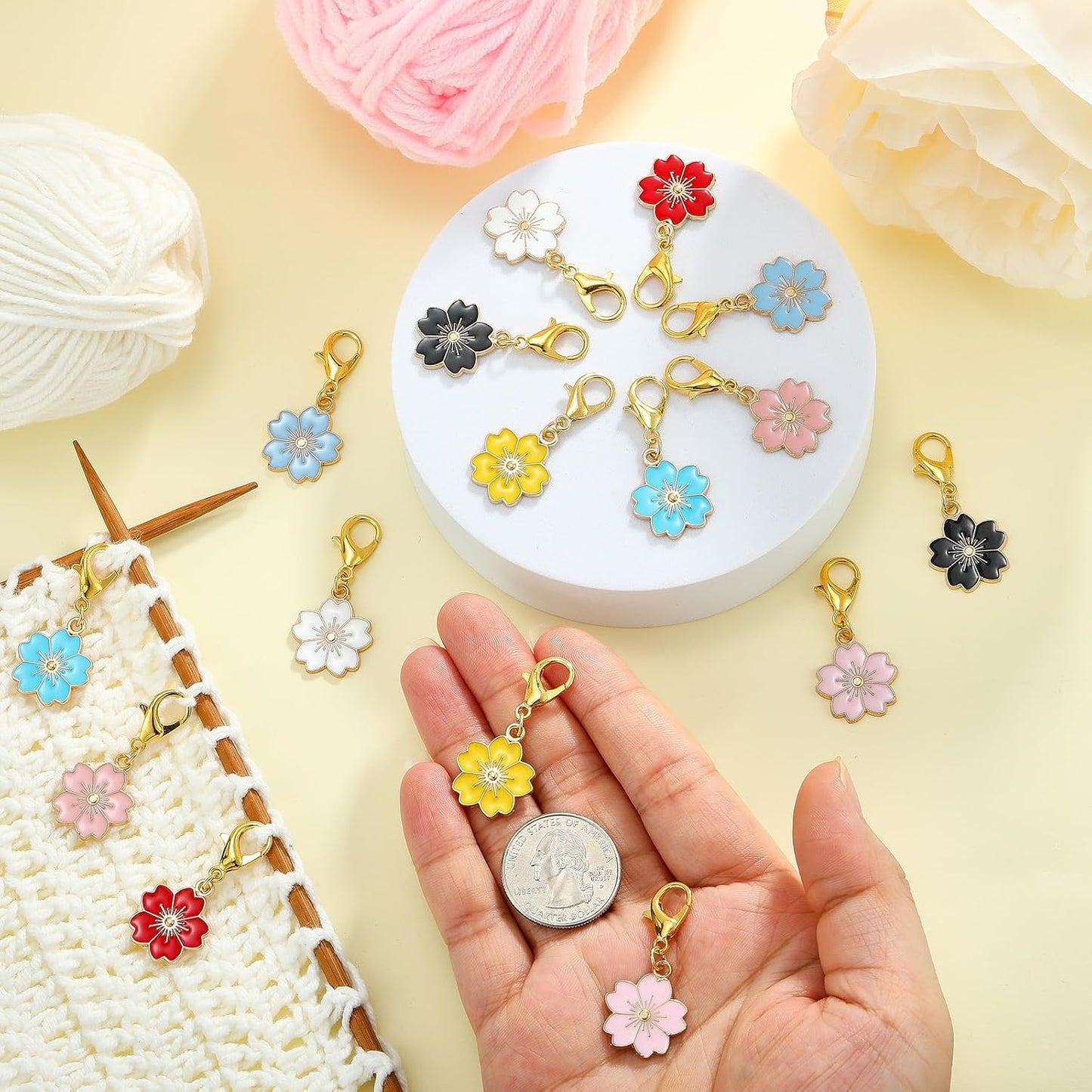 BEEFLYING 16Pcs Flower Stitch Marker Charms for Crocheting and Knitting, Alloy Enemal Crochet Knit Stitch Marker Pendant with Lobster Clasp for Sewing Quilting Handmade Jewelry