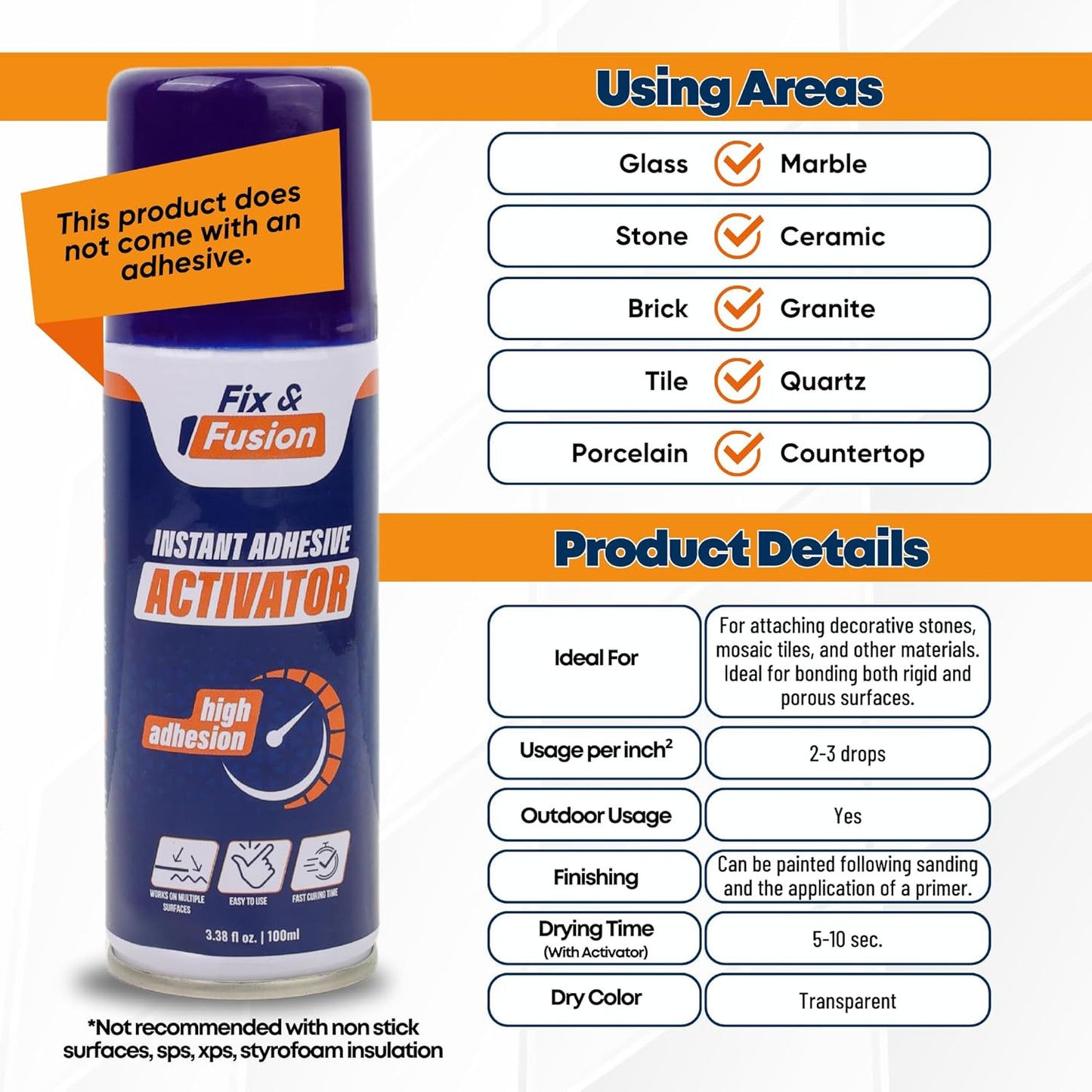 FIX & FUSION Activator Spray (3.38 Fl Oz), Instant Cure Accelerator for Cyanoacrylate (CA) Super Glue for Wood, Plastic, Rubber, Granite, and DIY & Professional, Accelerates Bonding Strength, (2 Pack)