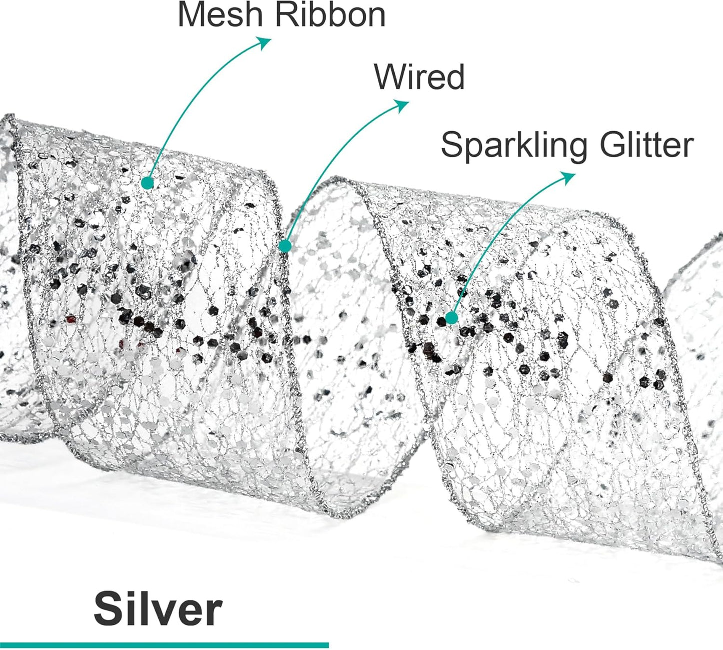CT CRAFT LLC Sparkling Glitter Mesh Wired Ribbon 4" x 10 Yards Silver for Christmas Home Decor Bow Gift Wrapping DIY Crafts Wreath
