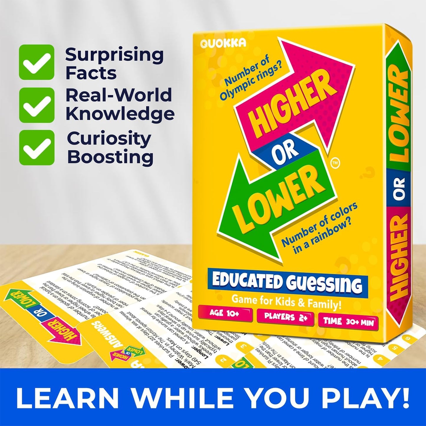 QUOKKA Trivia Board Games for Kids and Adults - Version V2.0 - Family Night Board Game 4xSet Higher or Lower Trivia Cards | Guess Fun Questions | 2 + Players - Challenge Your General Knowledge