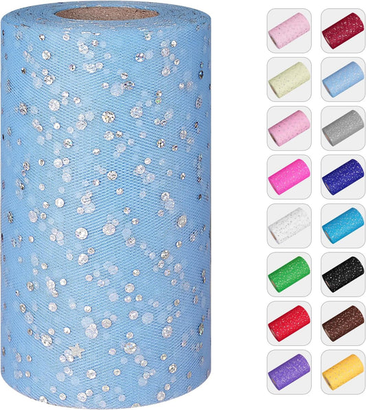 Glitter Tulle Rolls, 6” by 50 Yards (150FT) Sequin Tule Netting Fabric Tulle for Tutu Skirts Sewing Birthday Wedding Party Decoration (Light Blue)
