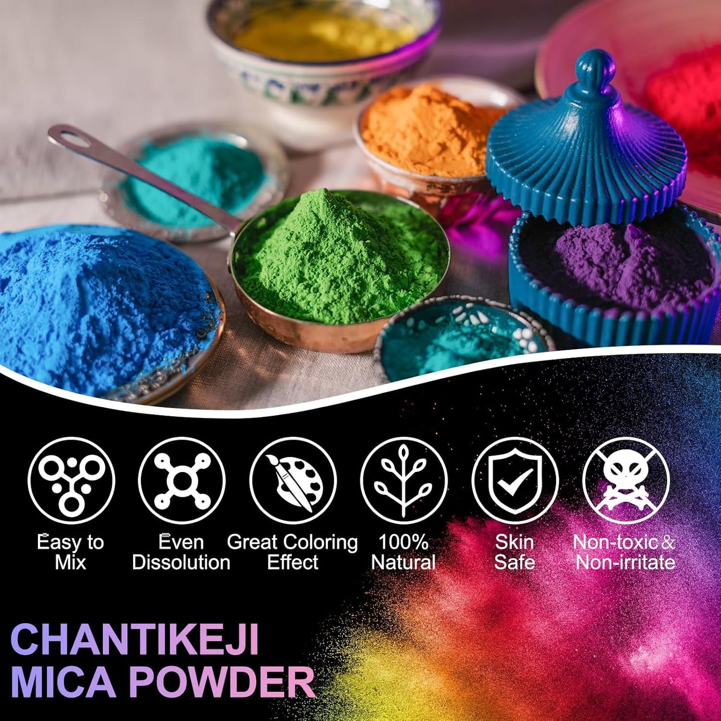 CHANGTIKEJI Mica Powder，48 Colors - 10g/Bottle of Natural Pigment Powder for Epoxy Resin，Soap Making，Candle Making,Lip Gloss,Car Freshies,Dye,Nail Polish,Bath Bombs
