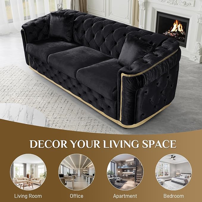 DAMAIFROM Velvet Couch Black and Gold Sofa Luxury Loveseat 84.6" Mid Century - Image 8
