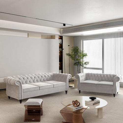 2 Piece Living Room Set, Velvet Chesterfield Sofa Loveseat Couch by ORRD