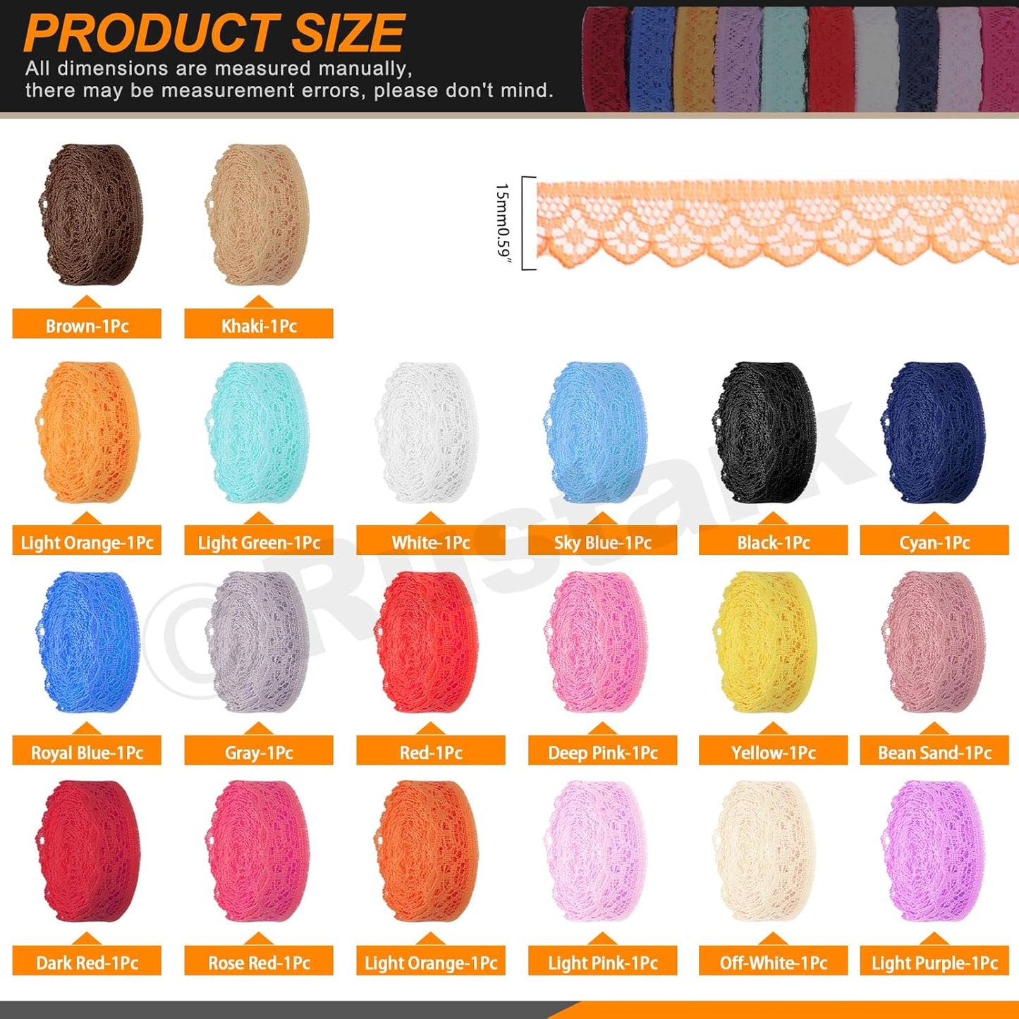 20Pcs 0.6Inch/1.5CM Colorful Lace Ribbon Floral Lace Ribbon Trim Fabric Sewing Vintage Trims Laces for Craft Sewing Making Gift Wrapping Wedding Decorations