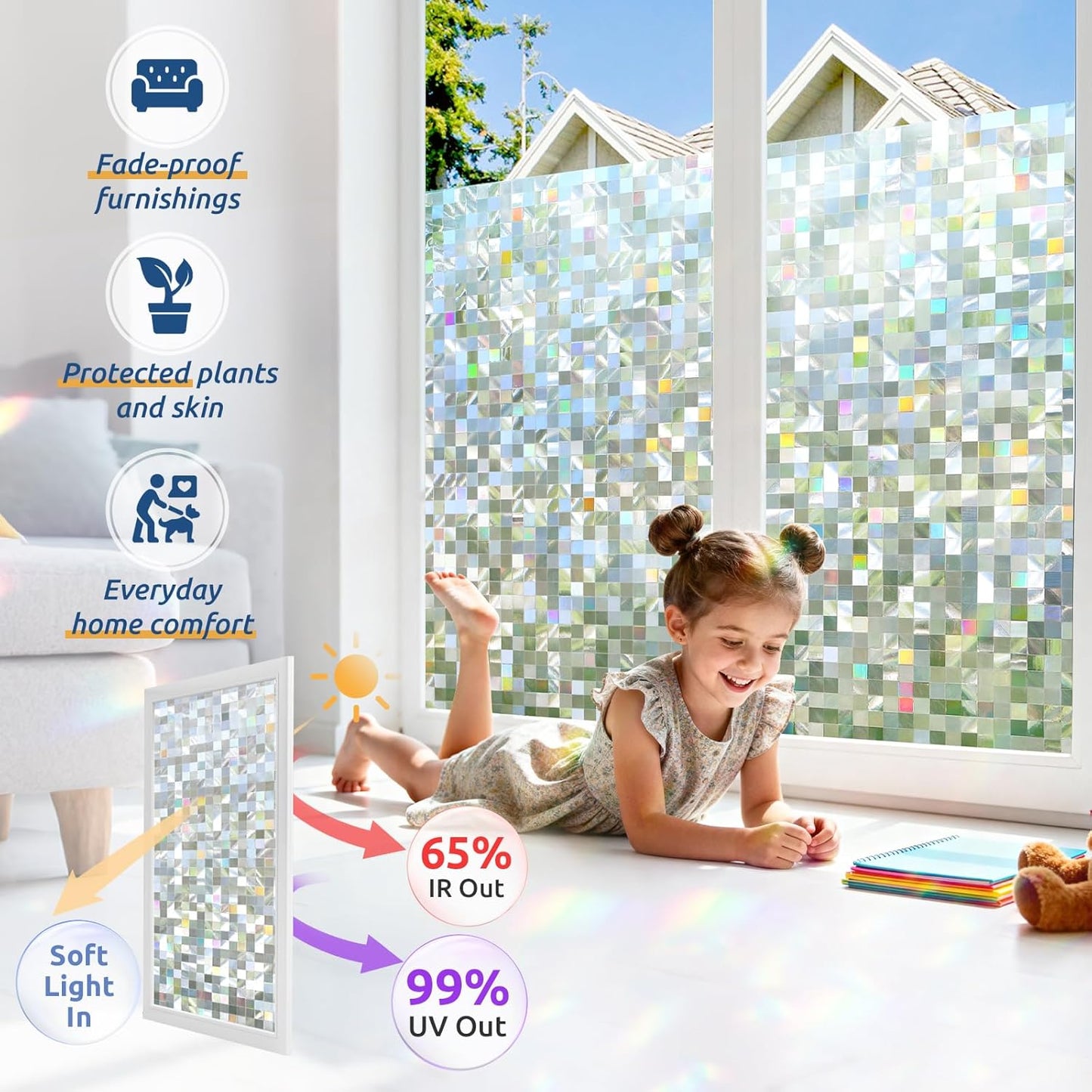 rabbitgoo Stained Glass Window Privacy Film Mosaic Pattern, Frosted Glass Window Film Rainbow Decorative Sticker, Static Cling UV Blocking Suncatcher for Home, 35.4 x 78.7 Inches