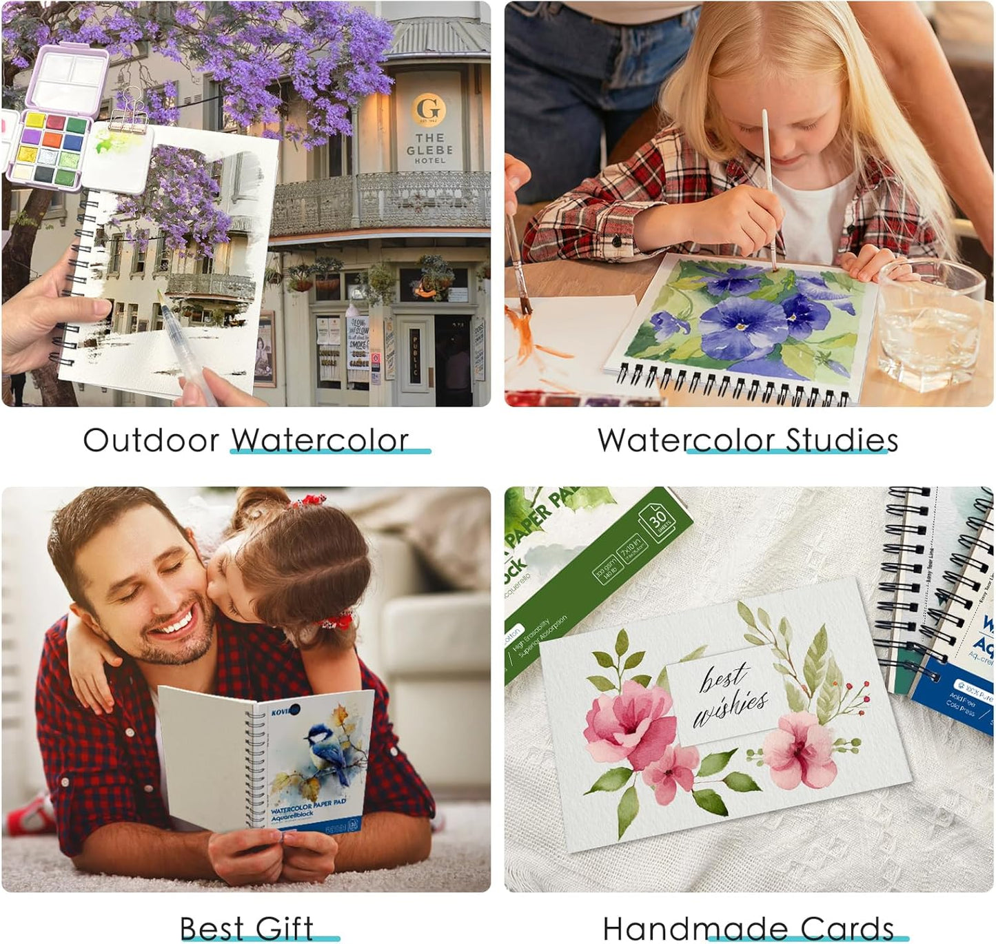 KOVIEDE 100% Cotton Watercolor Paper Pad - 30 Sheets 7"x10" Spiral Bound 140lb/300gsm Cold Press Watercolor Sketchbook, Artist Quality Art Journal Supplies for Adults, Kids & Beginners