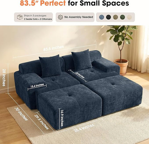 83.5" Boneless Loveseat with 2 Ottoman, Cloud Comfy Sofa Bed, Modular Sofa - Image 2