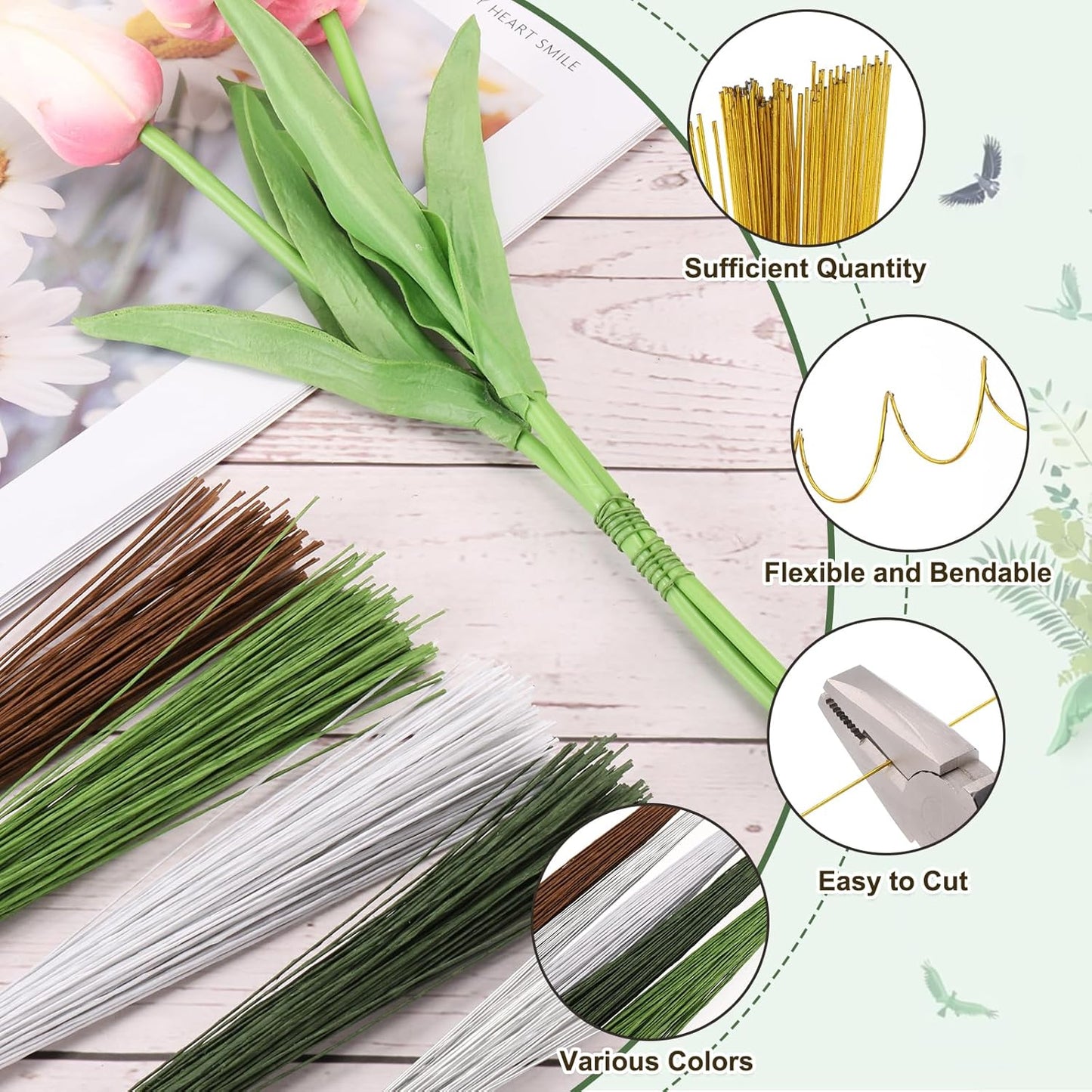 PATIKIL 32 Inch 22 Gauge Floral Stem Wire, 4 Pack/160 Pieces Bouquet Stem Paper Wrapped for DIY Crafts Flower Arrangements, Gold Tone