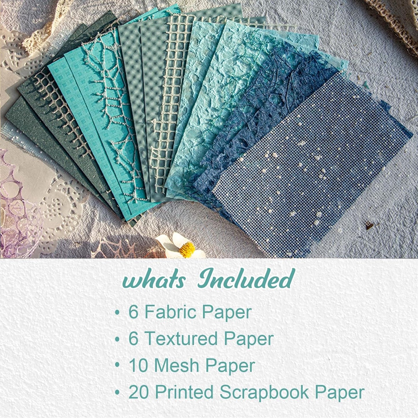42 Sheets Textured Scrapbook Paper and Mesh Fabric Assorted Set, Junk Journal Supplies Assorted Set, Special Paper for Scrapbooking Materials Card Embellishments 3.9x5.5 Inch (Blue)