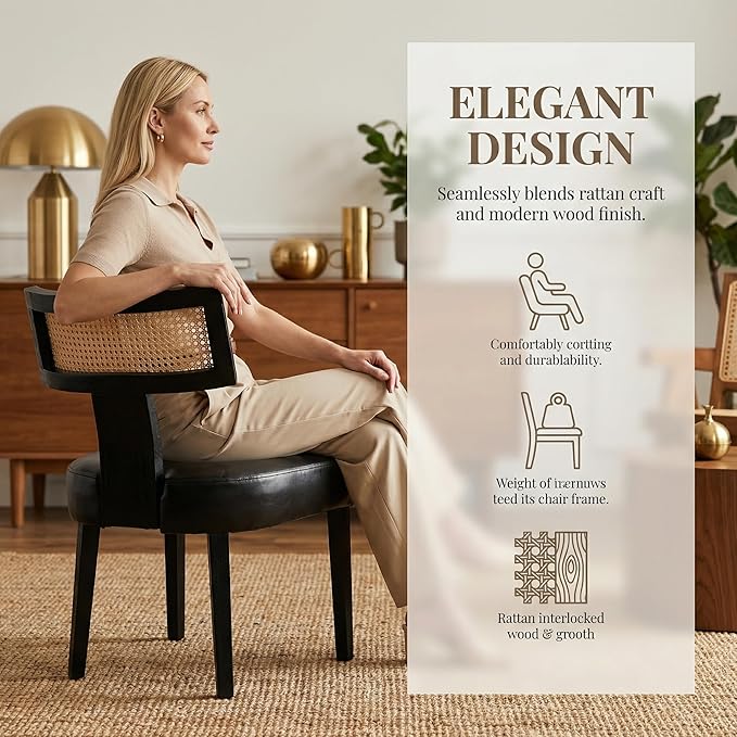 HNY Mid Century Modern Rattan Dining Chairs Set of 2, Farmhouse PU Leather - Image 5