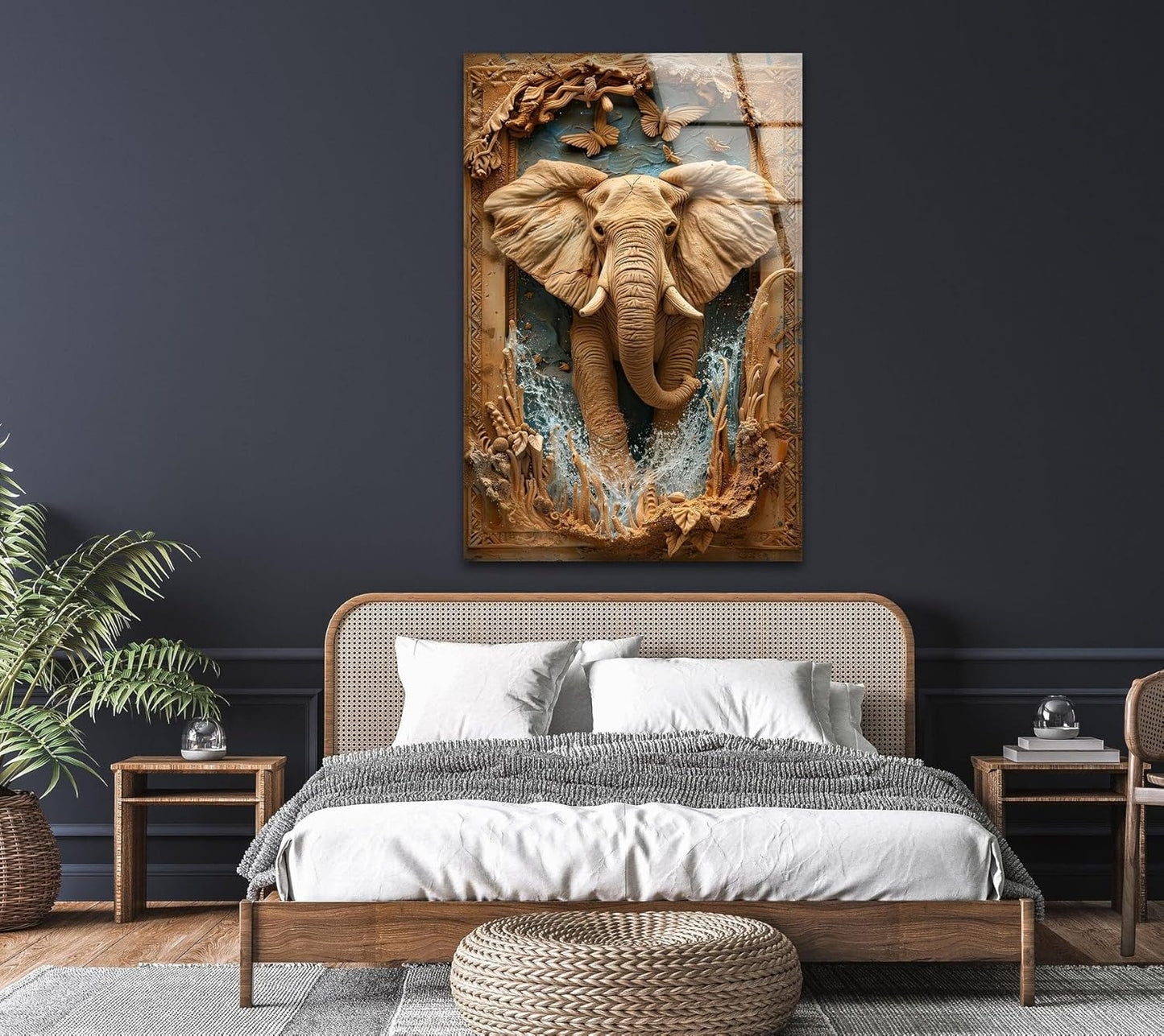 My Photostation.com 27Wx43H'' Elephant Carving Glass Wall Art Tempered Glass Printing Wall Decor Large Wall Art Wall Hangings