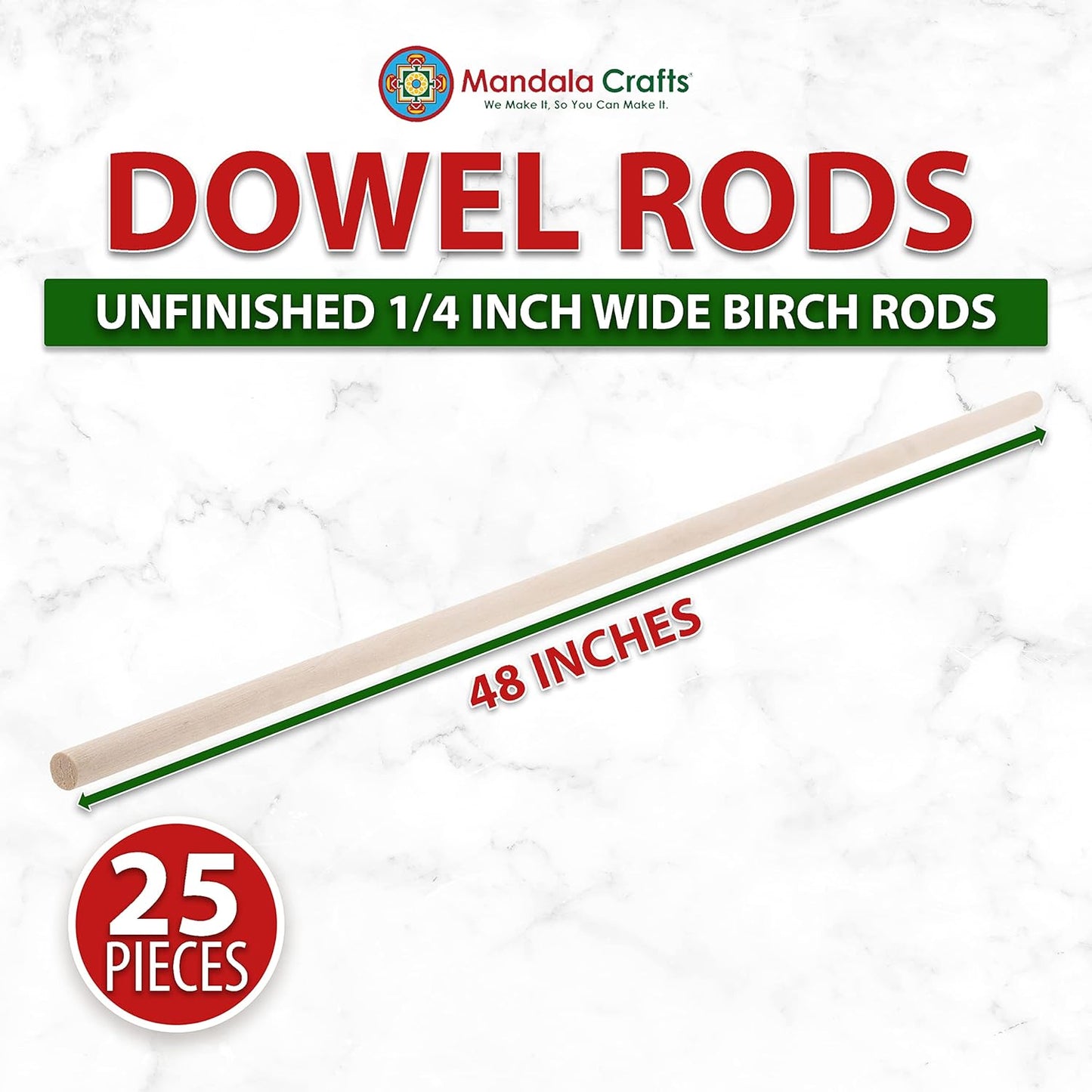 Mandala Crafts Wooden Dowel Rods 48 Inches - 25 Unfinished Birch Wood Dowels 1/4 Inch for Crafts, DIY, Macrame & More