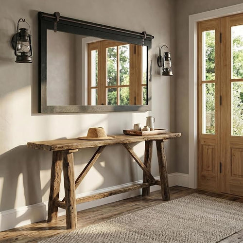 27"x49" Large Black Barn Door Mirror, Solid Wood Framed Accent Wall Mirror - Image 2