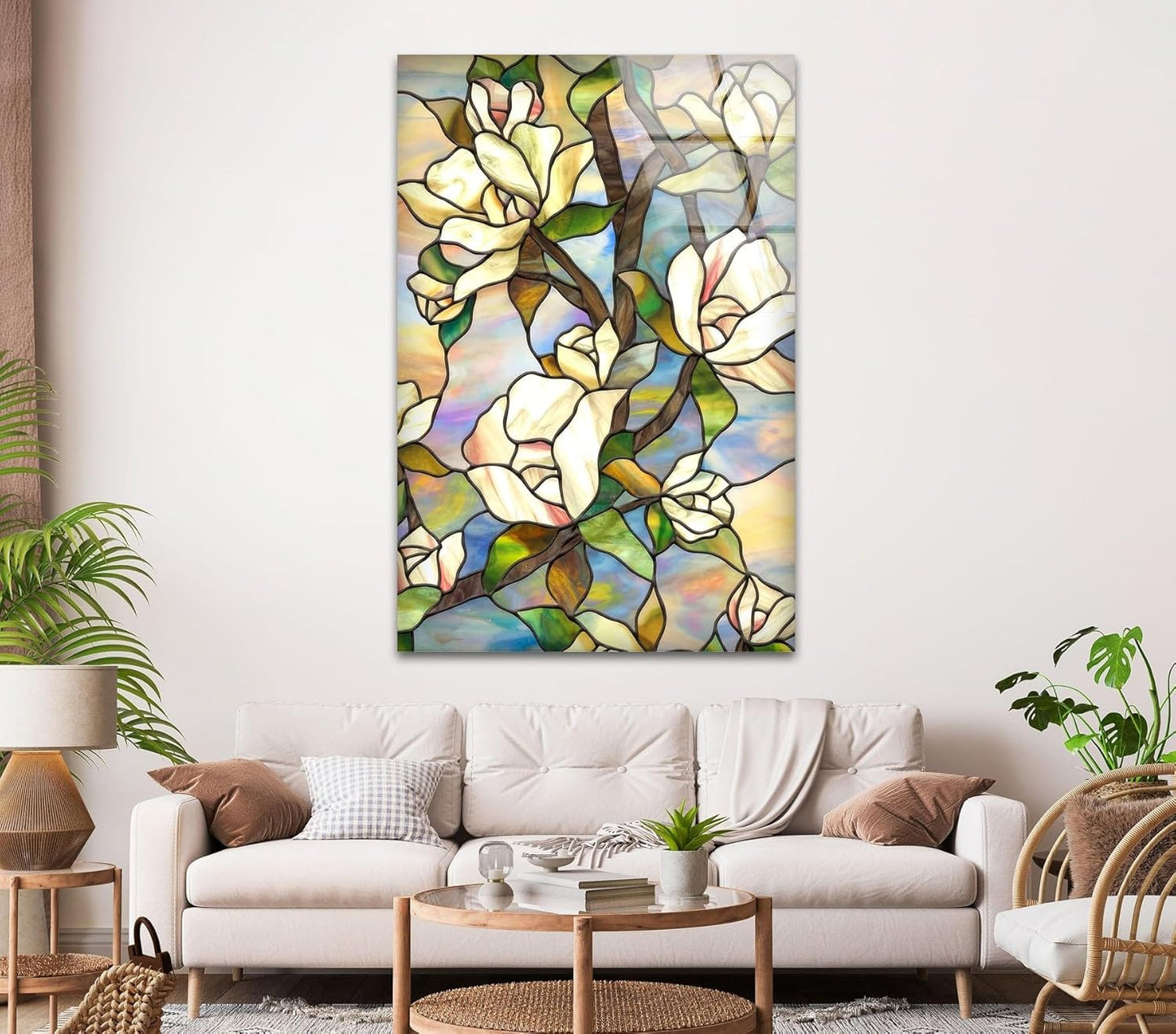 My Photostation.com 27Wx43H'' Stained Magnolia Glass Wall Art Tempered Glass Printing Wall Decor Large Wall Art Wall Hangings