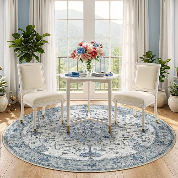 RELEANY Area Rugs Round 5ft Washable Non-Slip, Floral Vintage Distress Print - Image 3