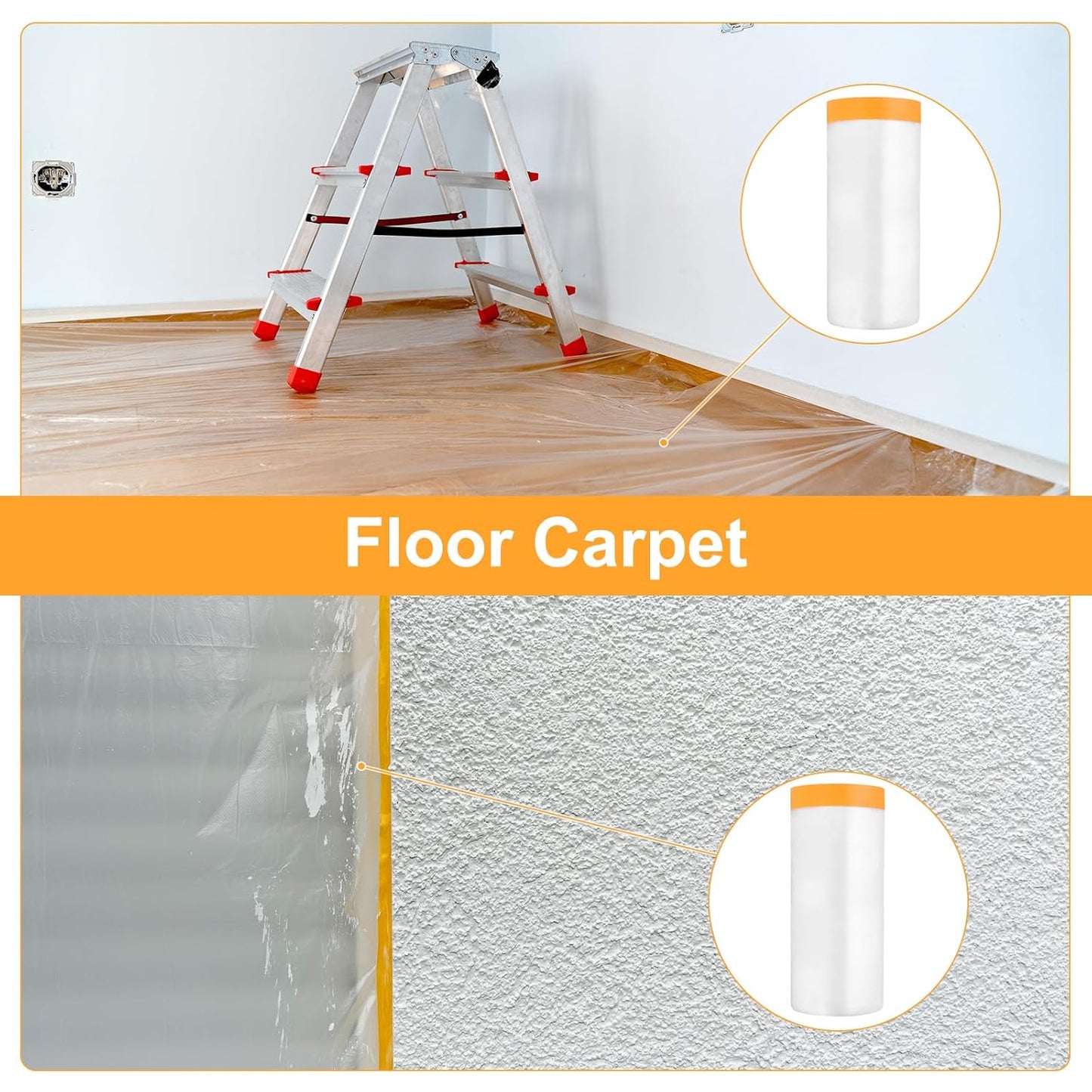 uxcell 3 Rolls Painters Plastic with Tape, 5 x 59 Ft Pre-Taped Masking Film Tape and Plastic Film Paint Plastic Covering Roll for Covering Skirting, Frames and Auto Body, Yellow/Clear