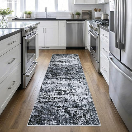 2.6'x10' Runner Rug Washable Rug: Modern Abstract Soft Thin Runner Rug Black by FXRHLP