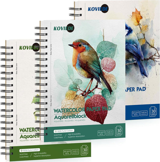 KOVIEDE 100% Cotton Watercolor Paper Pad - 30 Sheets 7"x10" Spiral Bound 140lb/300gsm Cold Press Watercolor Sketchbook, Artist Quality Art Journal Supplies for Adults, Kids & Beginners