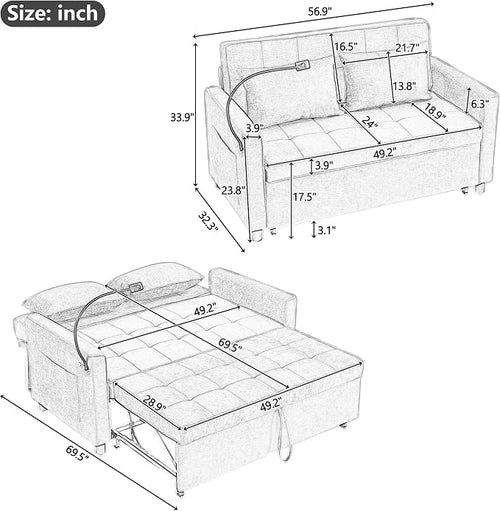 3 in 1 Convertible Sleeper Sofa Bed, 56.9" Small Pull Out Couch Bed - Image 2