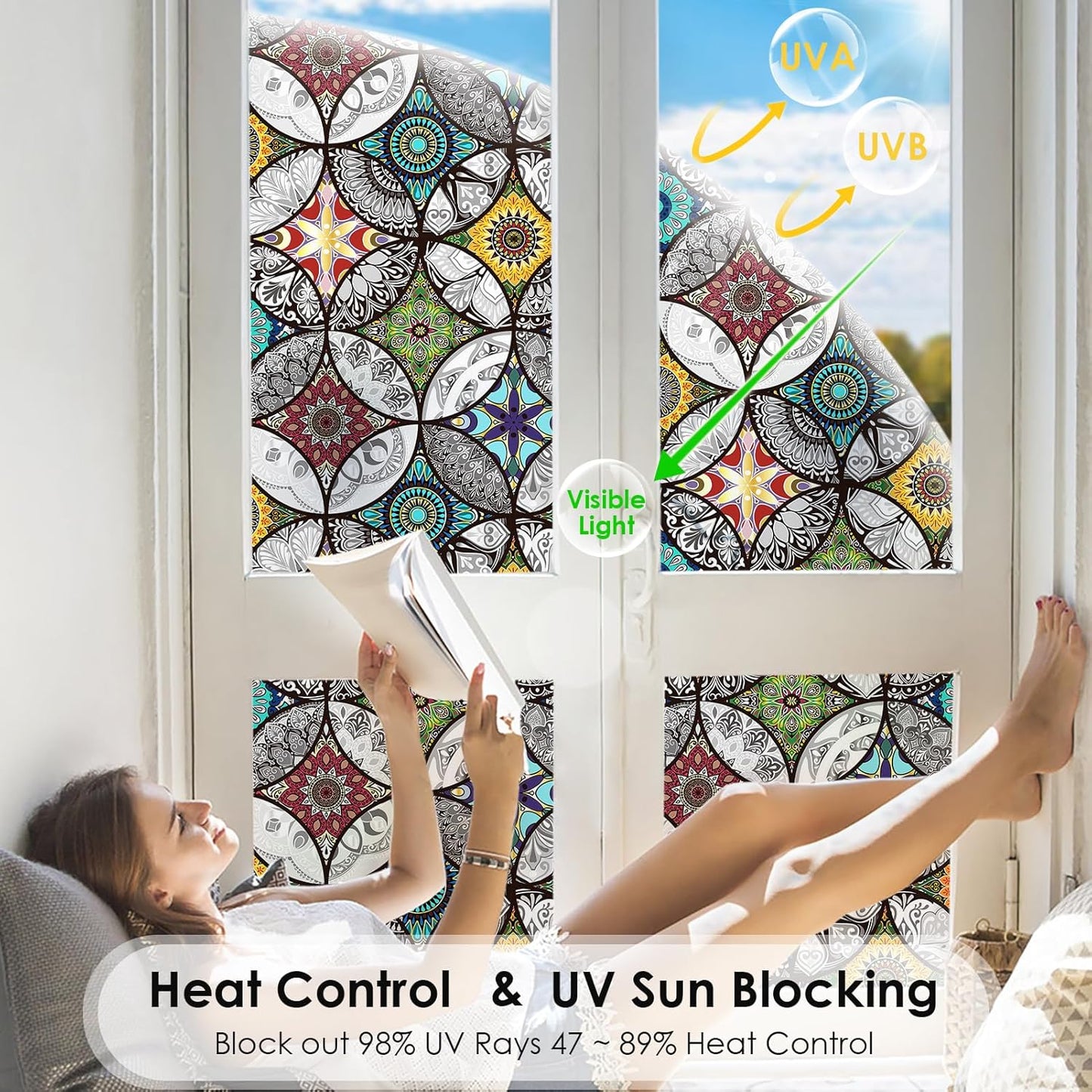 DKTIE Boho Chic Window Privacy Film with Installation Tools - Soften Light, Reduce UV Rays, Decorative Stained Glass Window Tinting Film for Home, Window Clings, 17.7 x 118.1 Inch