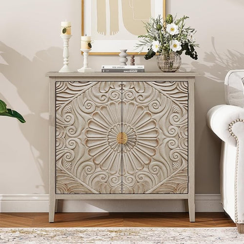 31.5" Farmhouse 2-Door Carved Accent Storage Cabinet, Vintage Distressed Floral by YHAOWORKS