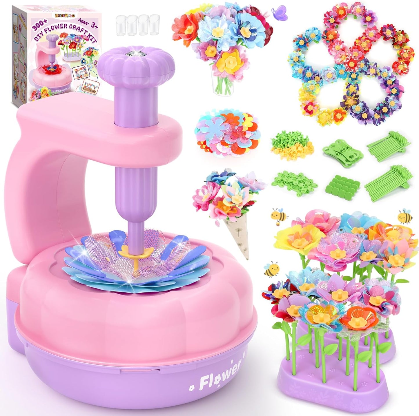 GirlsHome 300+PCS Fabric Flower Bouquets Toys, DIY Flower Crafts Kits for Kids, Arts and Crafts for Kids Ages 6-8 Girls, Build Flower Bouquet, STEM Educational Toy Preschool Gifts (Purple Pink)