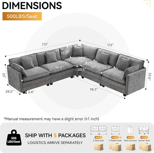 113'' V Shaped Cloud Sectional Sofa, Oversized Deep Seat Couches - Image 2