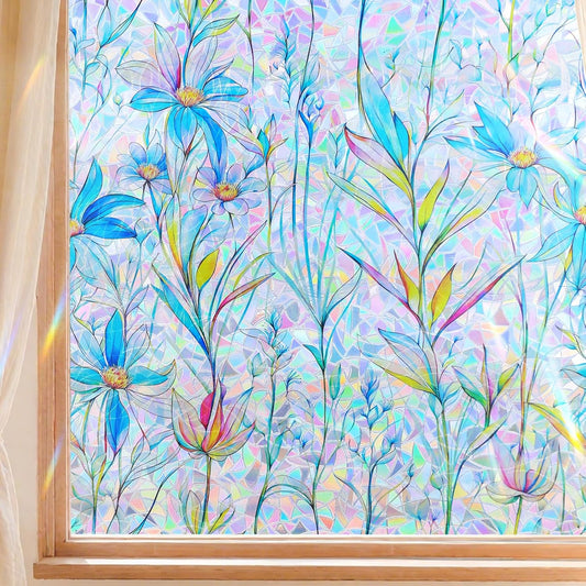 FINNEZ Window Privacy Film Stain Glass Film Flowers Rainbow Window Film Window Clings Non-Adhesive Reusable Decorative for Home（Blue Lotus，35.4 Inch x 6.5 Feet）