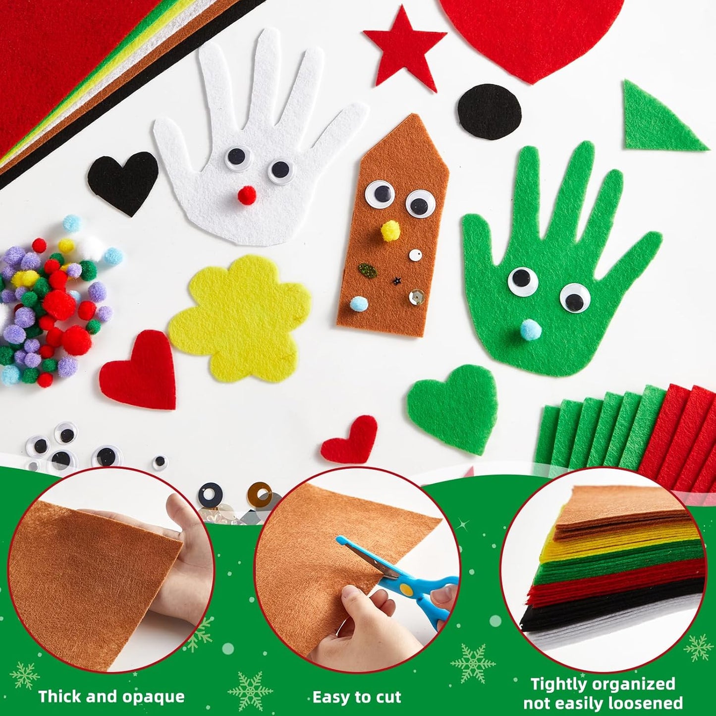 gisgfim 42Pcs Christmas Felt Fabric Sheets 8 x 12 Inch Red Green Black Assorted Soft Thick Felt Pack with Wiggle Google Eyes Pom Poms Glitter Patchwork Craft for DIY Sewing Creative Art Project Decor