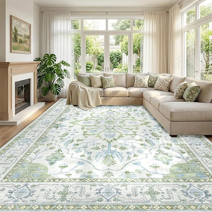 RELEANY Area Rugs 10'x14' Washable Non-Slip, Floral Vintage Distress Print by RELEANY