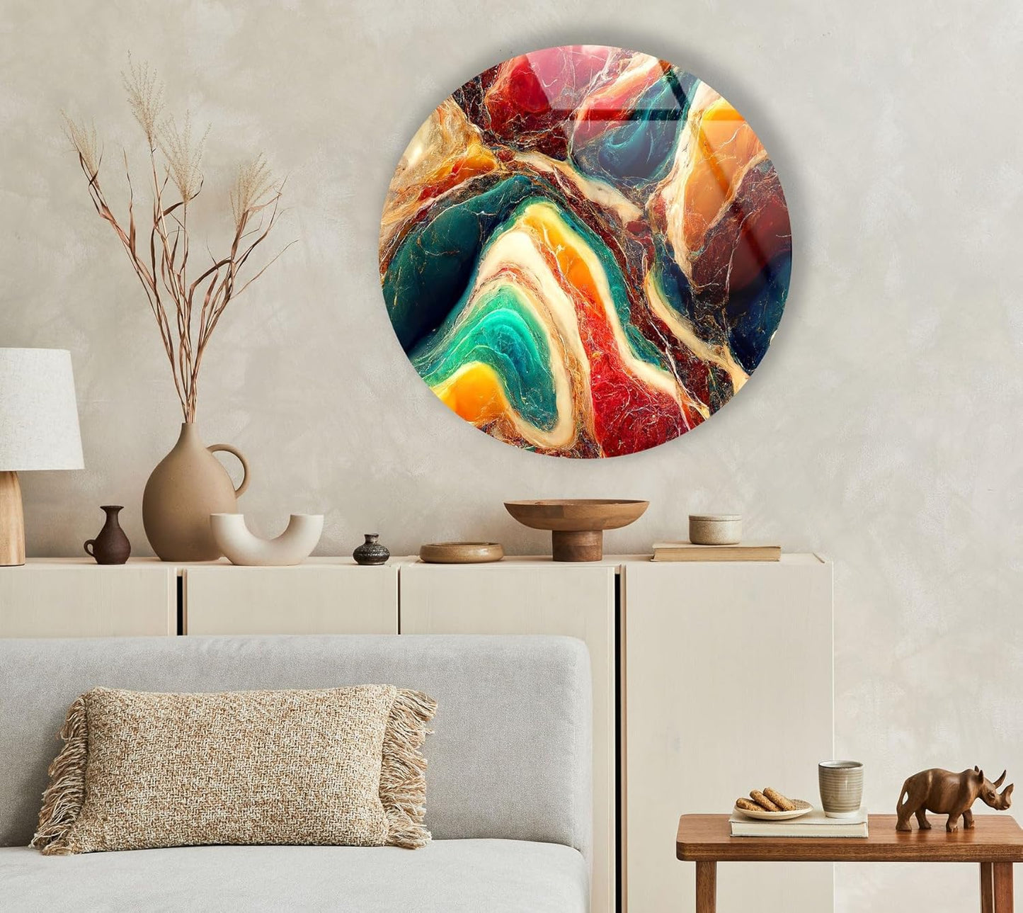 My Photostation.com 10''(25cm) Diameter Colorful Marble Swirl Round Wall Art Abstract Glass Decor with Earthy Tones & Gemstone Texture