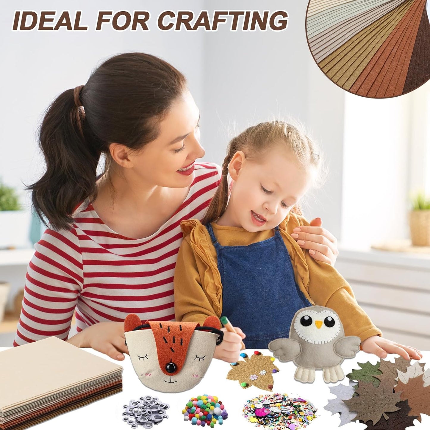 gisgfim 42Pcs Brown Felt Fabric Sheets Craft Kit 8 x 12 Inch Assorted Soft Thick Tan Felt Pack with Wiggle Google Eyes Pom Poms Glitter Patchwork Craft Supply for DlY Sewing Creative Art Project Decor