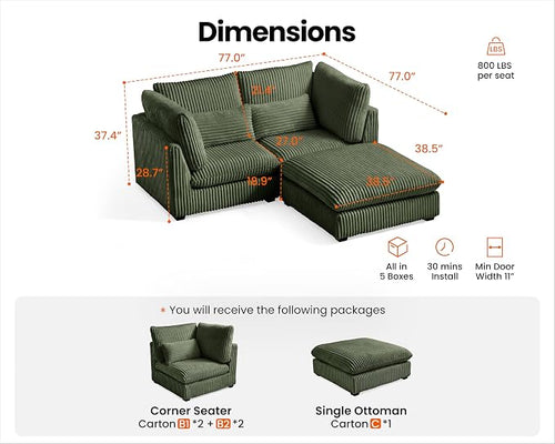 77" Oversized Corduroy Couch Modular Sectional Sofa, Washable Cloud Couch - Image 2