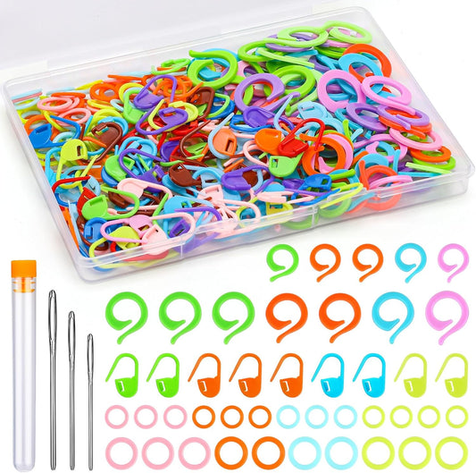 Yizzvb 263 Pcs Stitch Ring Markers, Knitting Stitch Rings with Plastic Box, 3 Types Knit Counting Ring Crochet Sewing Locking Accessories and 3 Pcs Large-Eye Blunt Needles for DIY Handmade Crafts