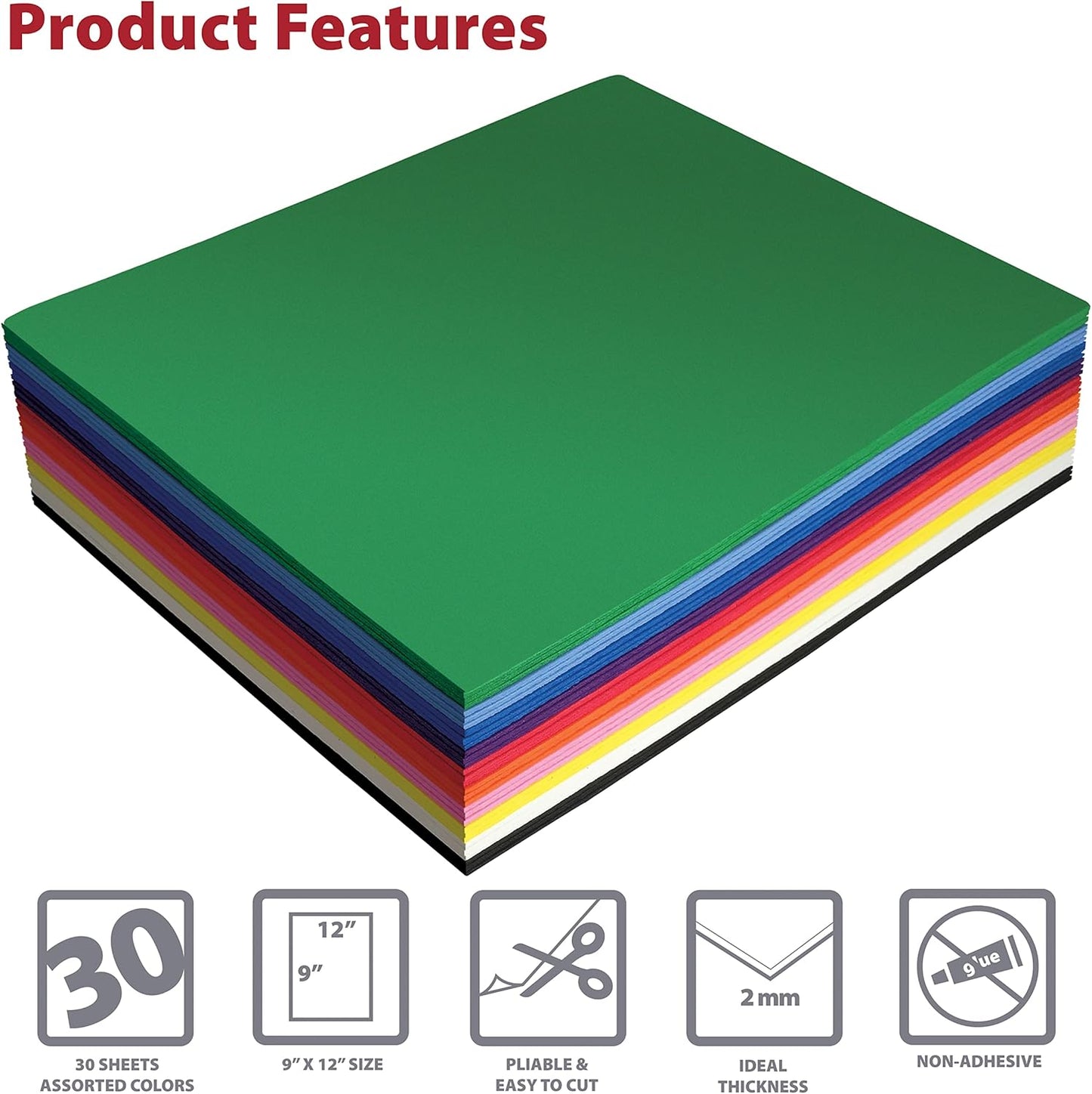 Better Office Products 30 Pack EVA Foam Sheets, 9 x 12 Inch, Assorted Colors (10 Colors), 2mm Thick, for Arts and Crafts, 30 Sheets