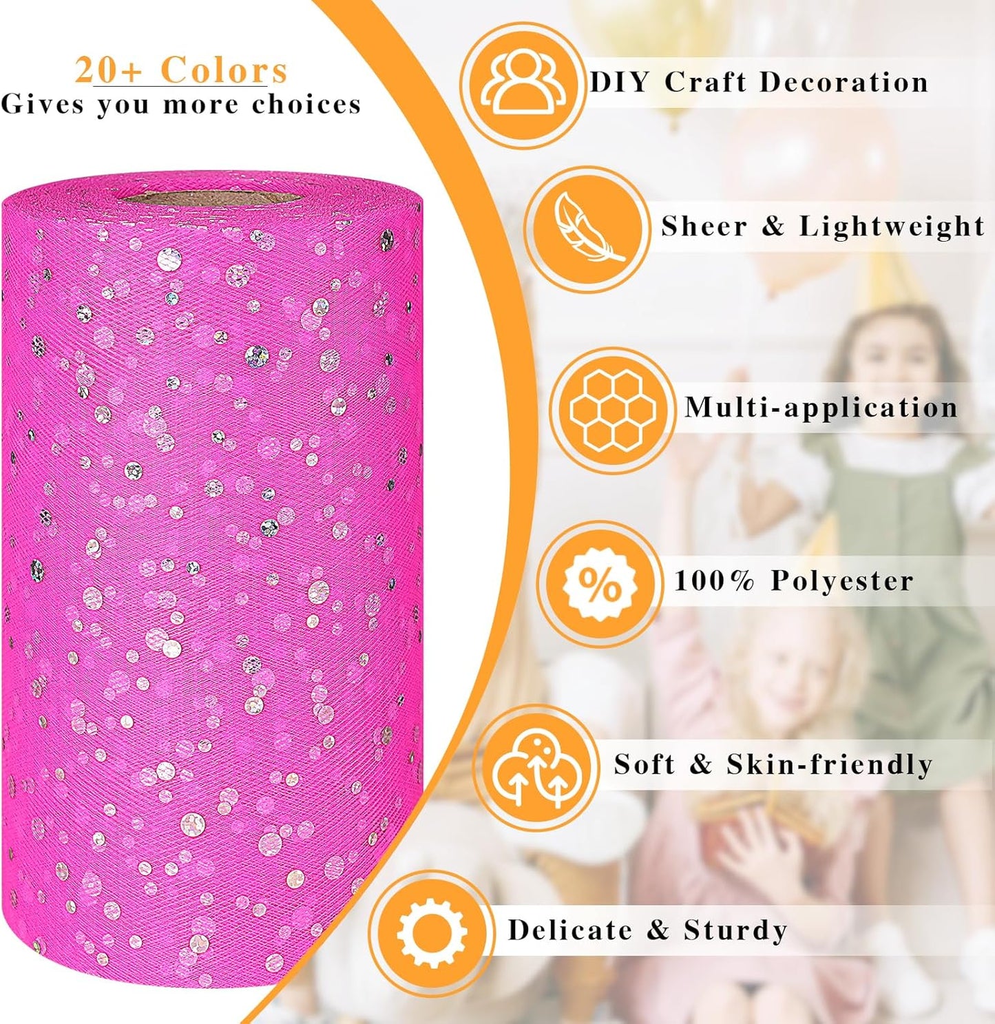 Glitter Tulle Rolls, 6' by 50 Yards (150FT) Sequin Tulle Netting Fabric for Tutu Skirts Sewing Birthday Wedding Party Decoration (Dark Pink)