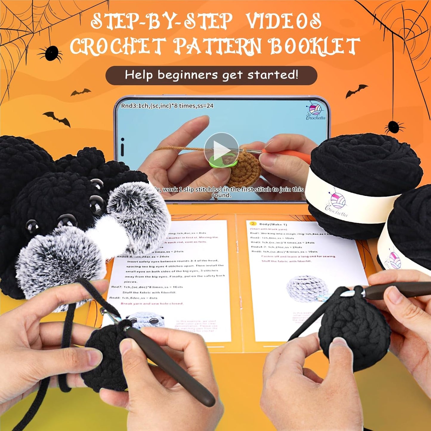 Crochetta Crochet Kit for Beginners, Crochet Starter Kit w Step-by-Step Video Tutorials, Beginner Crochet Kit for Adults Kids Women Men Complete Kit Included (Halloween Spider)
