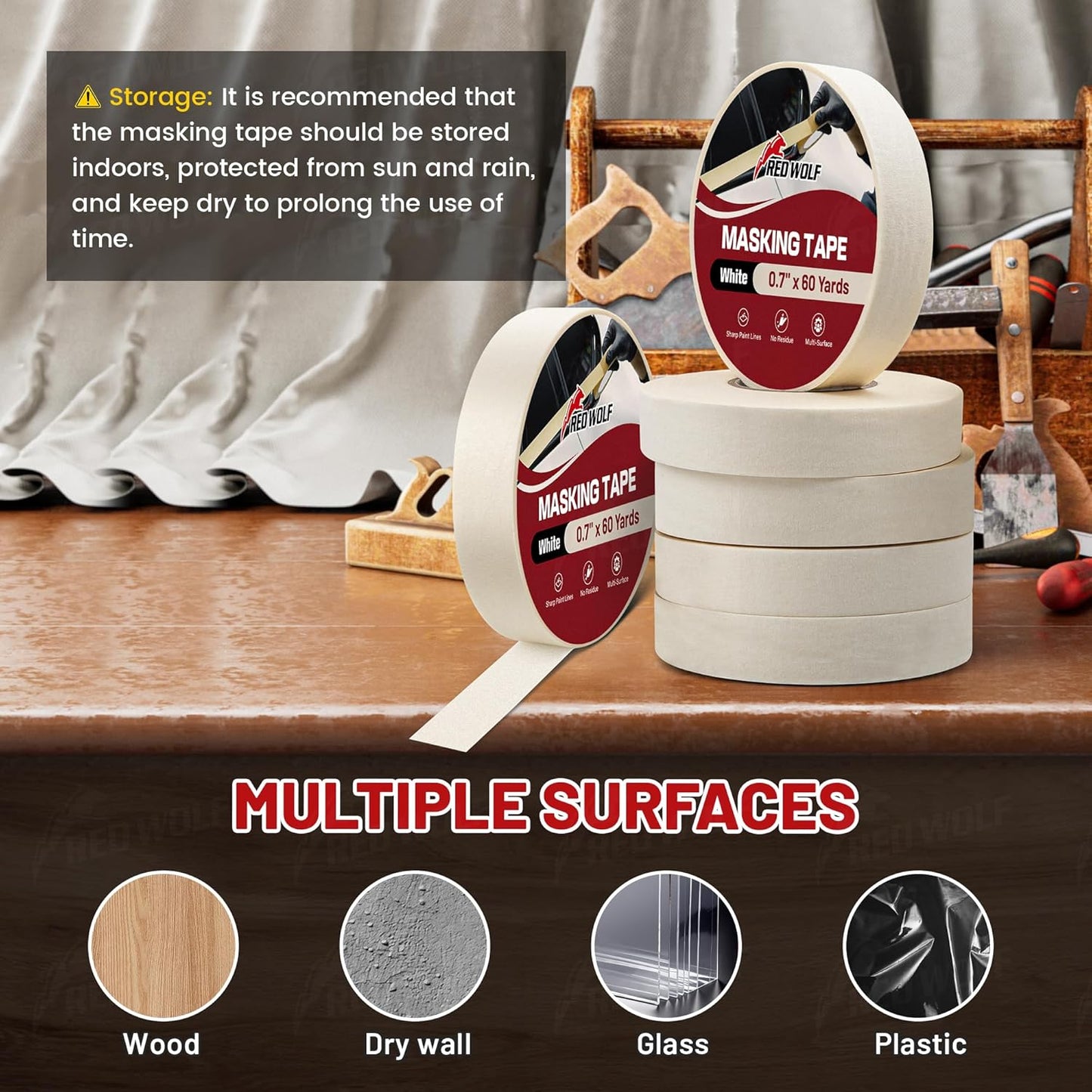 RED WOLF 0.94" x 60 Yards Masking Tape 6 Pack, General Purpose for Painting Arts Crafts Label Car Painting, Sharp Paint Line No Residue Painters Tape White Beige Crepe Paper Tape Heat Resistance