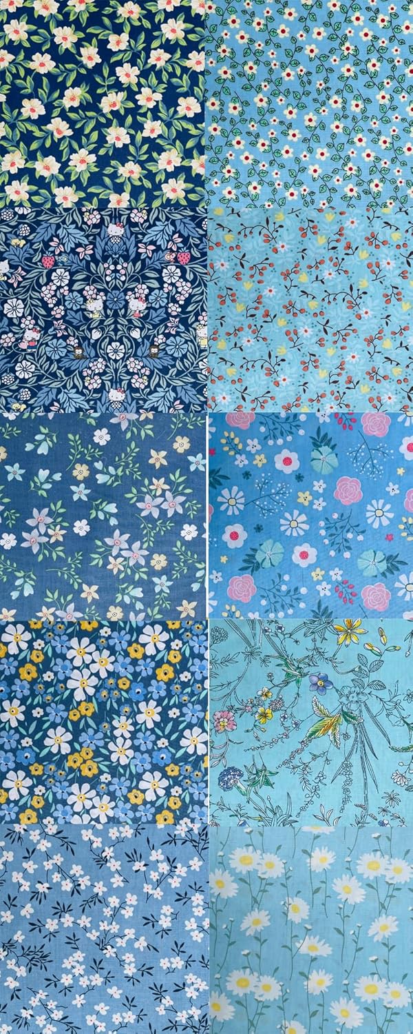 HANPATQUI 50PCS 8 x 8 inch Blue Printed 100% Cotton Fat Quarters Fabric for Sewing and Quilting Bundles Precut Fabric Square for DIY Craft Patchwork