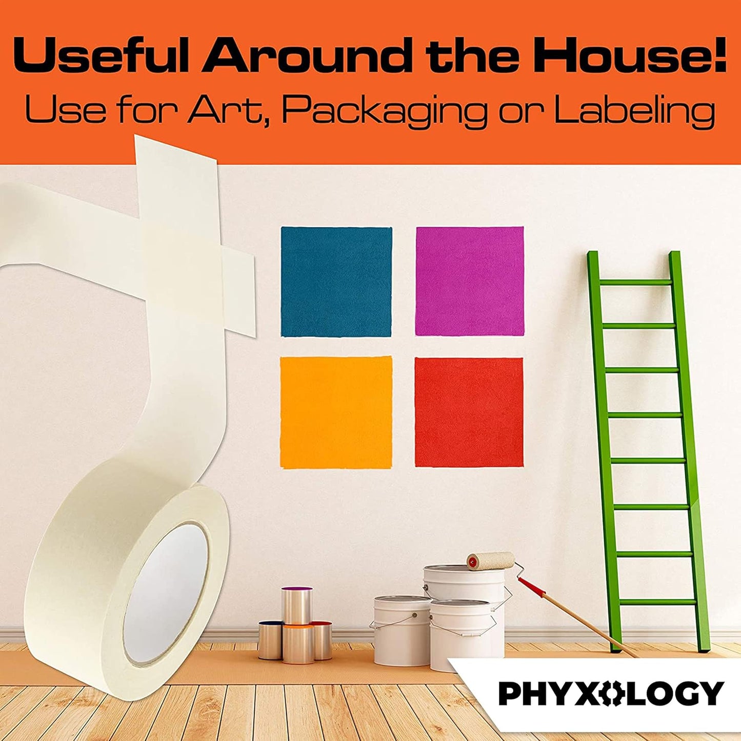 No-Residue 2 Inch, 60 Yard Masking Tape 6 Pk. Easy-Tear, Pro-Grade Removable Painters Tape Great for Home, Office, Commercial Contractor. Clean, Drip-Free Painting with Wide Crepe Paper Rolls