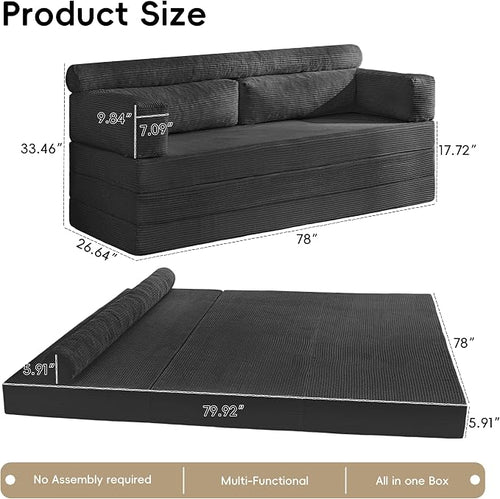 78" Boneless Couch, 5-in-1 Convertible Sofa Bed Tri Folding Mattress - Image 2