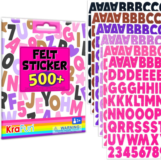 KRAFUN Black and Pink Felt Sticker Kit for Beginner Young Girls and Kids Arts & Crafts, Pack of 500+ Assorted Scrapbook Stickers Alphabets, Numbers, Fun Shapes, Preschool, Children Early Learning